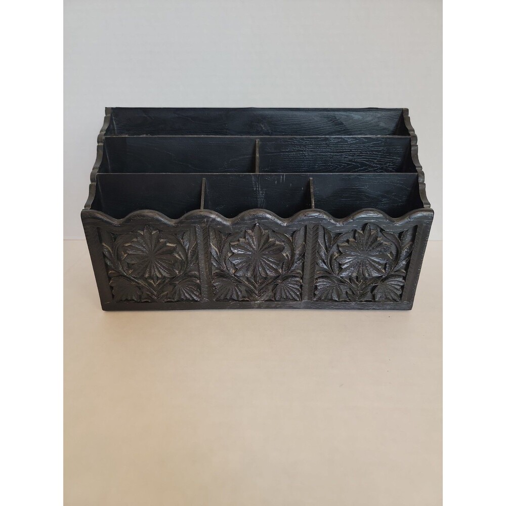Vintage Lerner Desk Organizer Faux Wood Mail Letter Holder Rustic Plastic Black